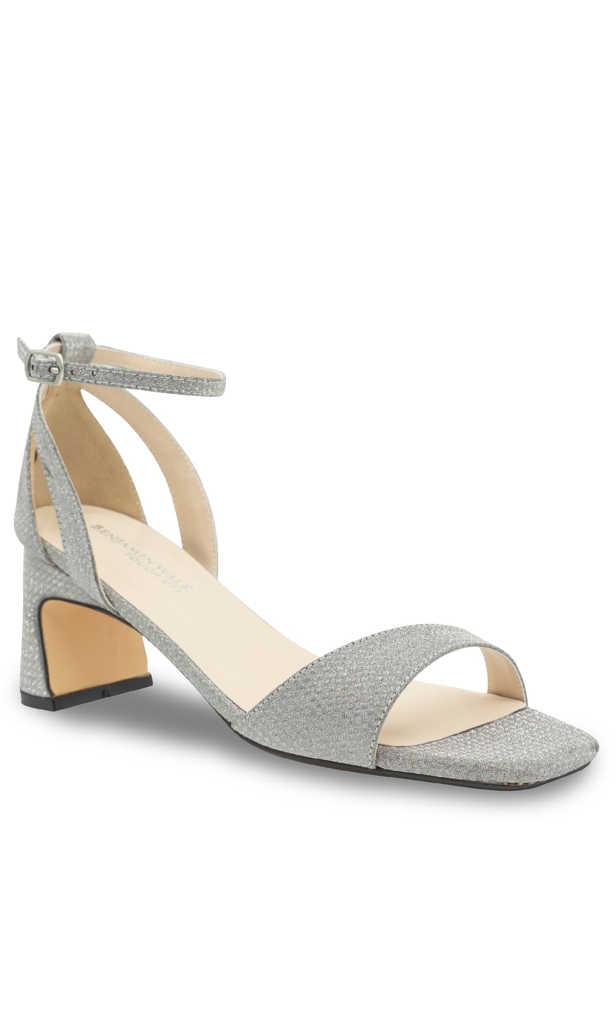 The Lilibet Silver Prom Shoes: Touch Ups 4671 are wide width block heel sandals with silver glitter, an ankle strap, and open toe—ideal for a sparkling prom look. Displayed on a white background.